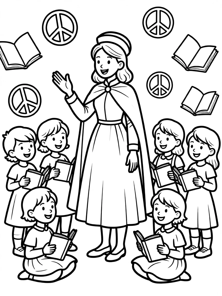 A fun coloring page of Florence Nightingale giving a speech to children with books and peace signs around.
