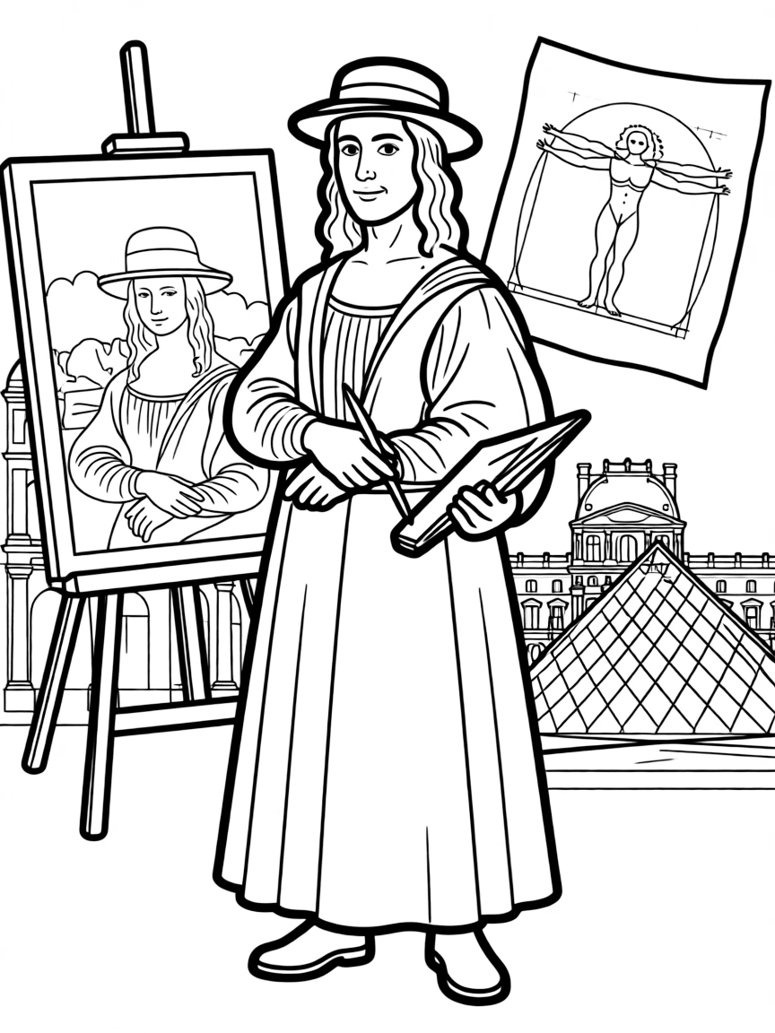 Leonardo da Vinci standing proudly with historical landmarks in the background, drawn with clear bold lines for coloring.