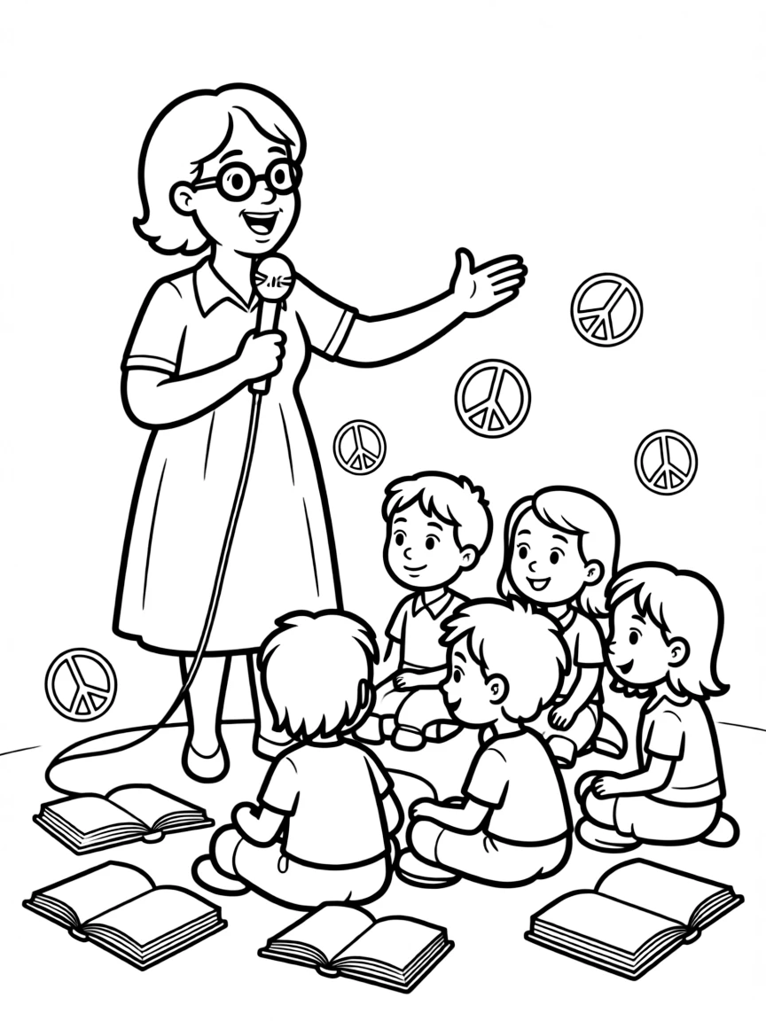 A fun coloring page of Rosa Parks giving a speech to children with books and peace signs around.
