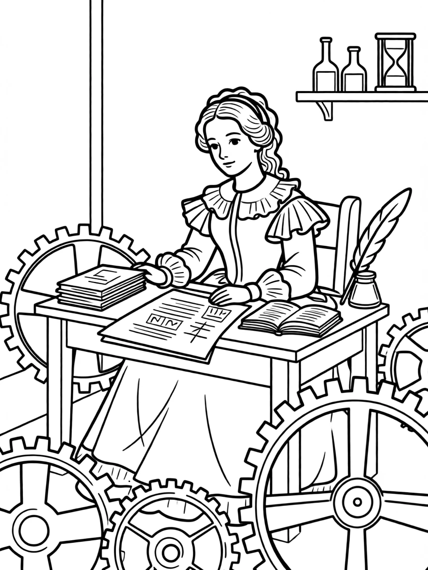 Ada Lovelace working on their famous invention or idea, with gears, papers, or lab equipment drawn simply.