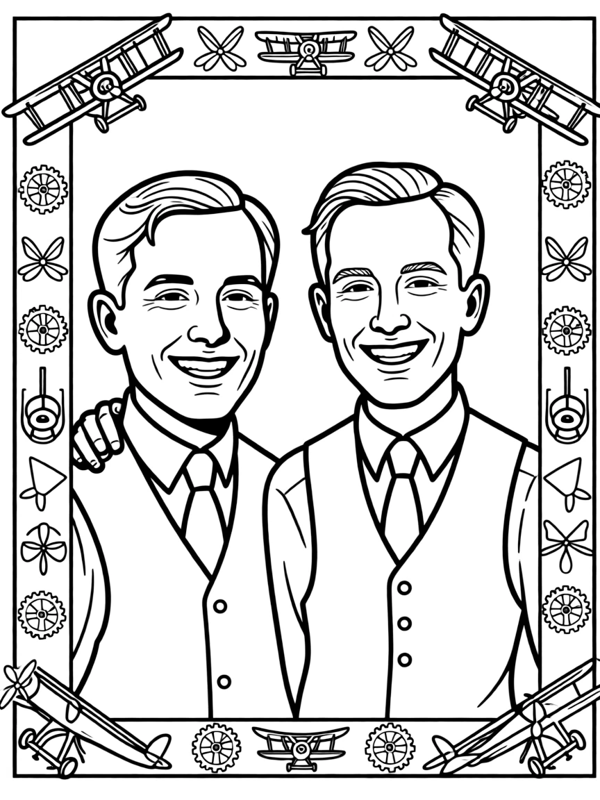 A portrait of The Wright Brothers with a big smile, framed with decorative borders and symbols of their time period.