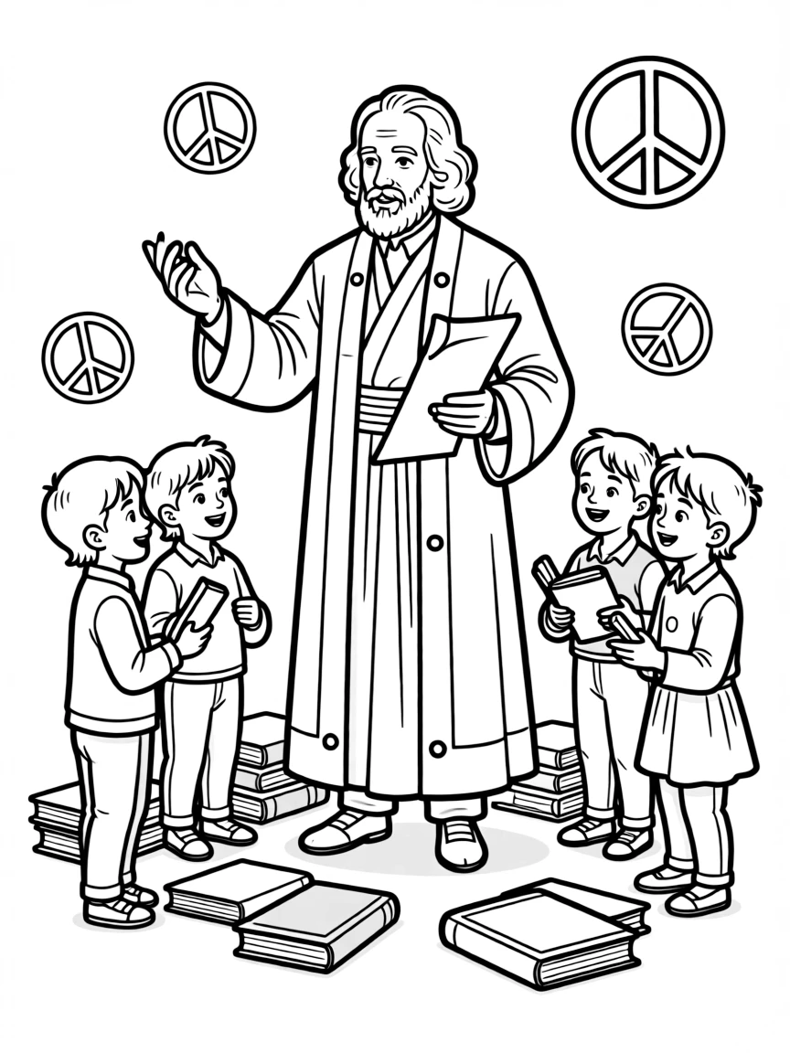 A fun coloring page of Galileo Galilei giving a speech to children with books and peace signs around.