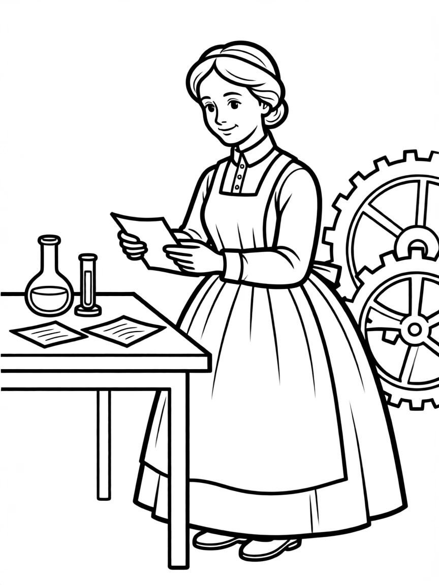 Florence Nightingale working on their famous invention or idea, with gears, papers, or lab equipment drawn simply.