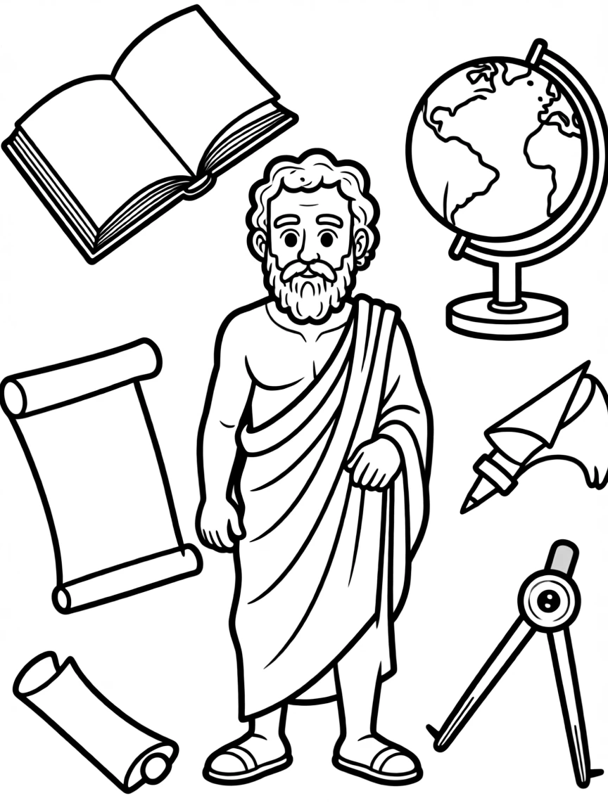 A cartoon-style drawing of Socrates surrounded by symbols of their achievements, like books, tools, or globes.