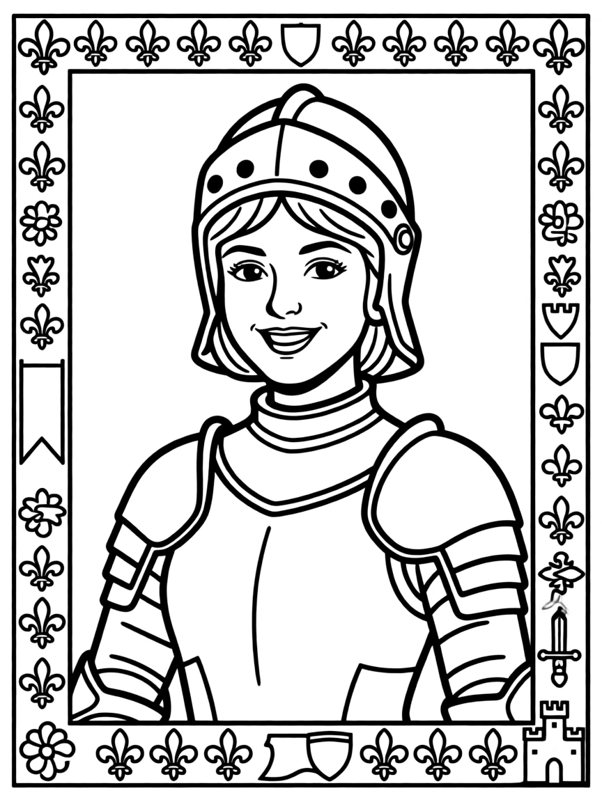 A portrait of Joan of Arc with a big smile, framed with decorative borders and symbols of their time period.
