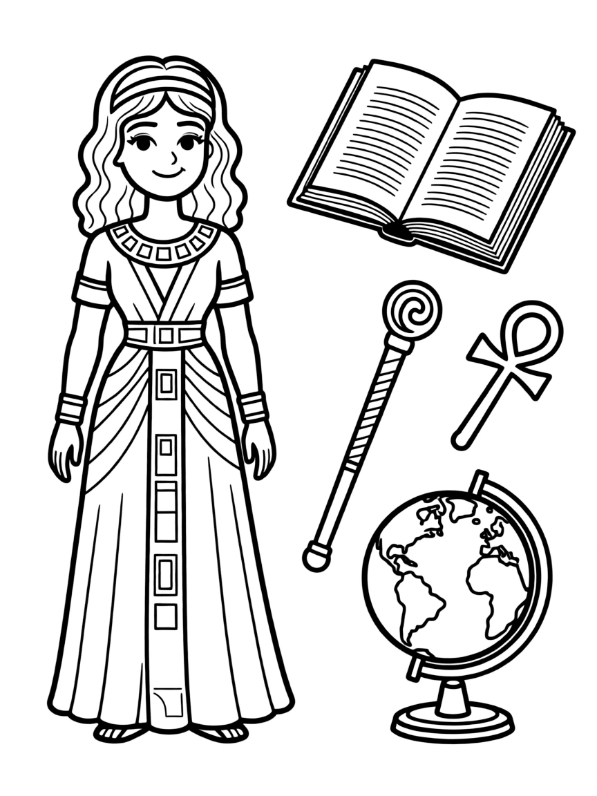 A cartoon-style drawing of Cleopatra surrounded by symbols of their achievements, like books, tools, or globes.