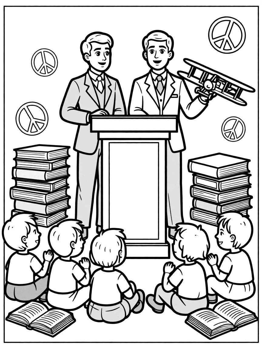 A fun coloring page of The Wright Brothers giving a speech to children with books and peace signs around.