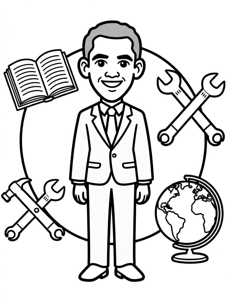 A cartoon-style drawing of Barack Obama surrounded by symbols of their achievements, like books, tools, or globes.