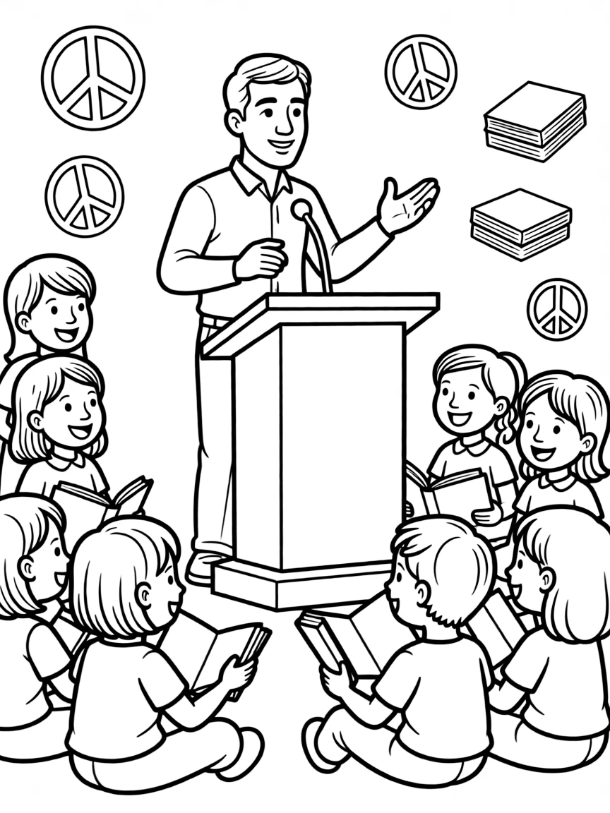 A fun coloring page of Pablo Picasso giving a speech to children with books and peace signs around.