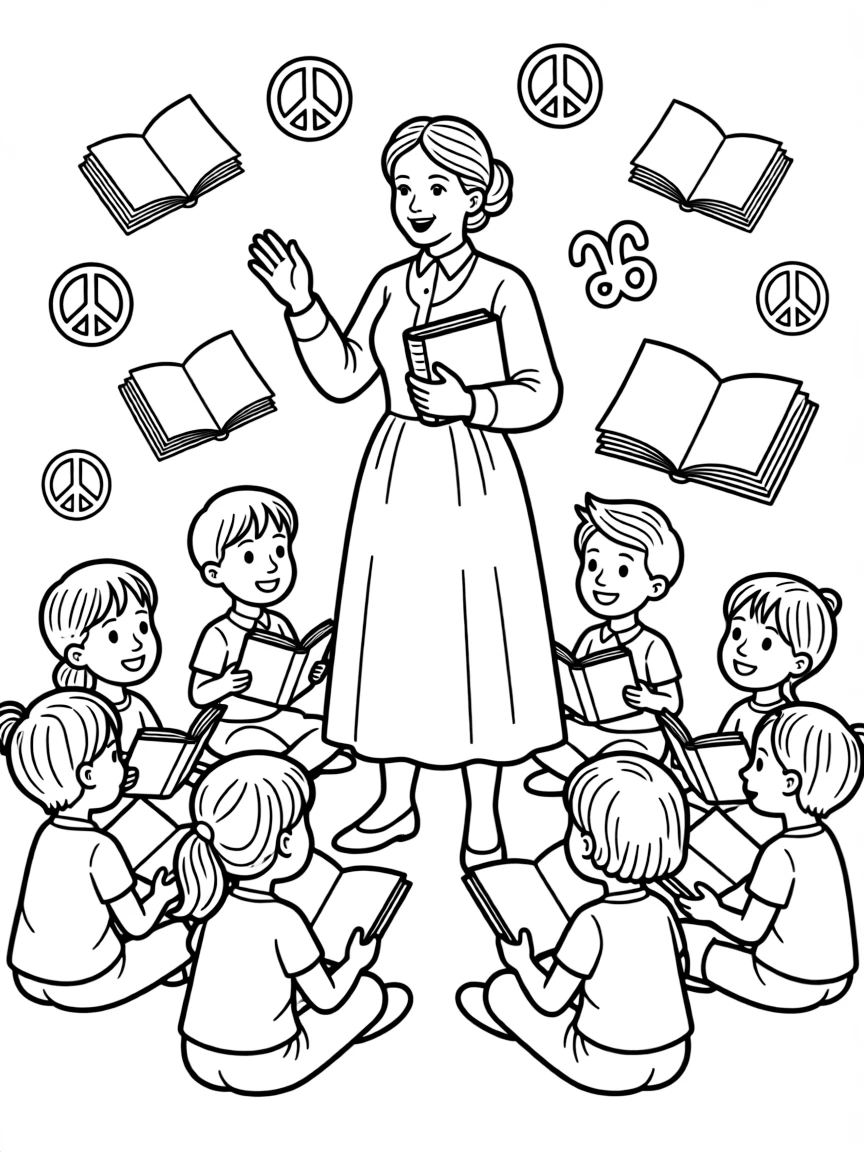 A fun coloring page of Marie Curie giving a speech to children with books and peace signs around.