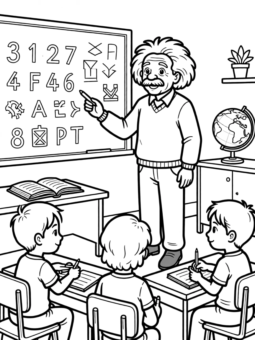 Albert Einstein teaching children, with educational items like chalkboards and pencils, in a friendly classroom scene.