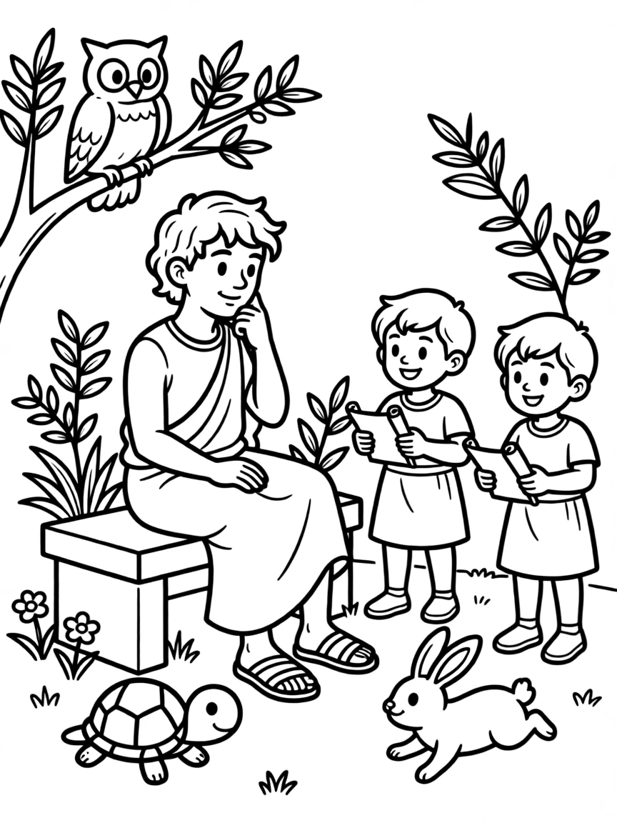 A playful scene showing Plato in a historical outfit with animals, plants, or kids nearby.