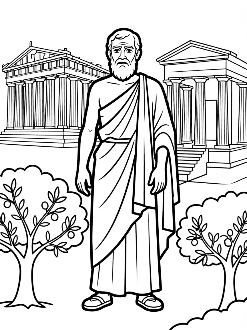 Socrates standing proudly with historical landmarks in the background, drawn with clear bold lines for coloring.