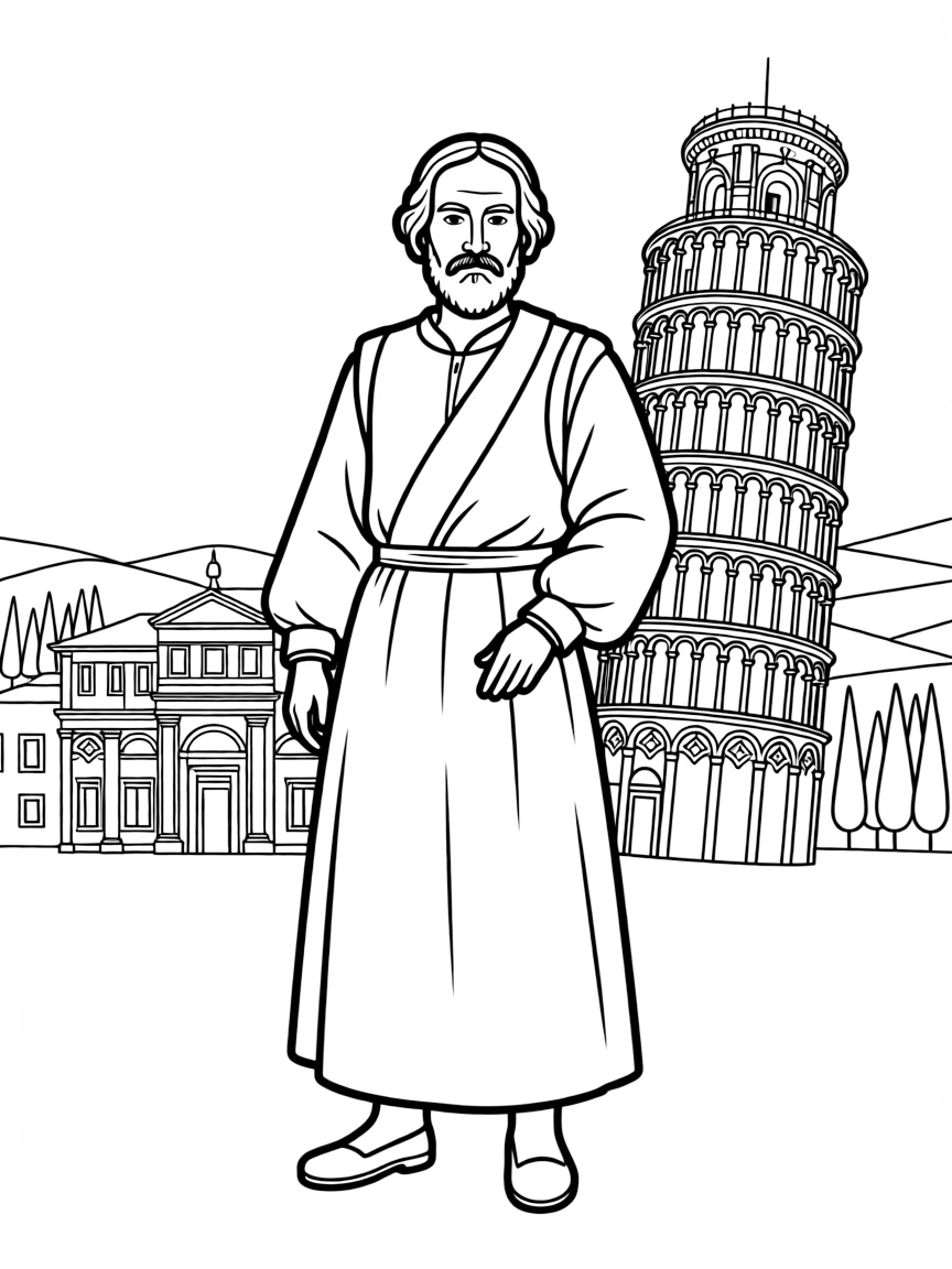 Leonardo da Vinci standing proudly with historical landmarks in the background, drawn with clear bold lines for coloring.