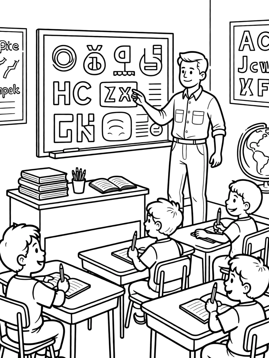 Neil Armstrong teaching children, with educational items like chalkboards and pencils, in a friendly classroom scene.