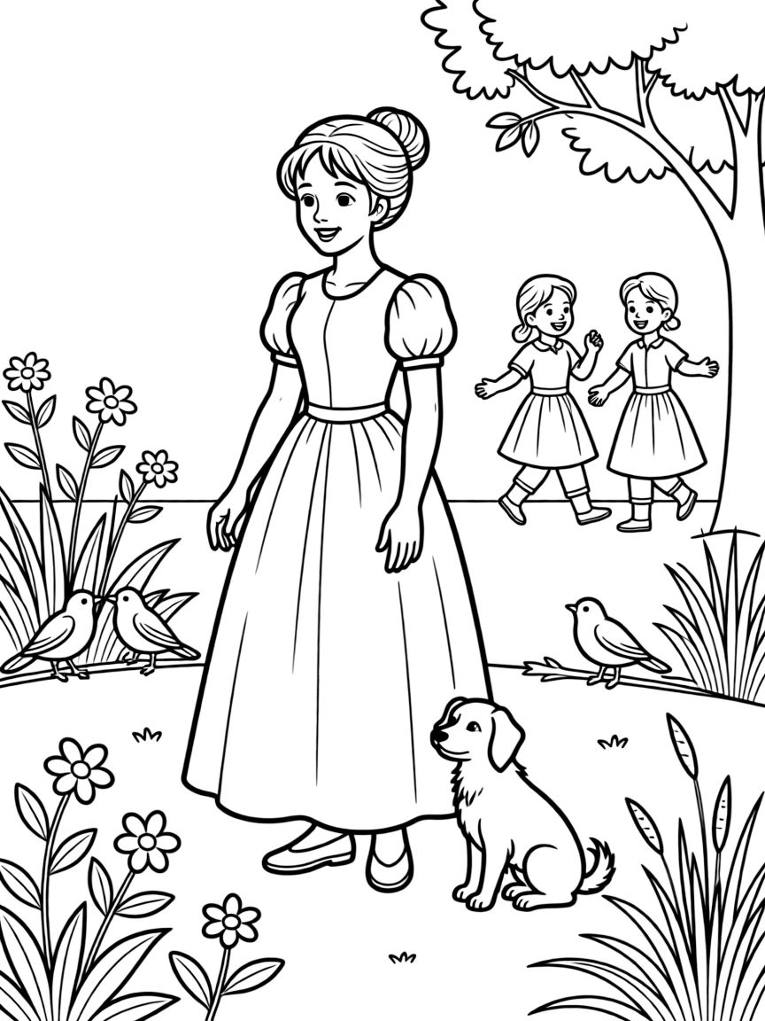 A playful scene showing Jane Austen in a historical outfit with animals, plants, or kids nearby.