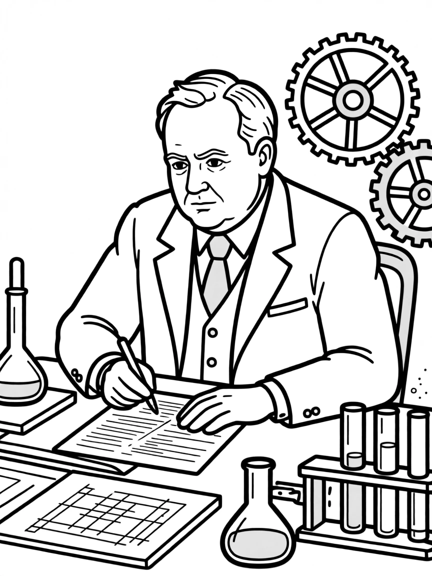 Winston Churchill working on their famous invention or idea, with gears, papers, or lab equipment drawn simply.