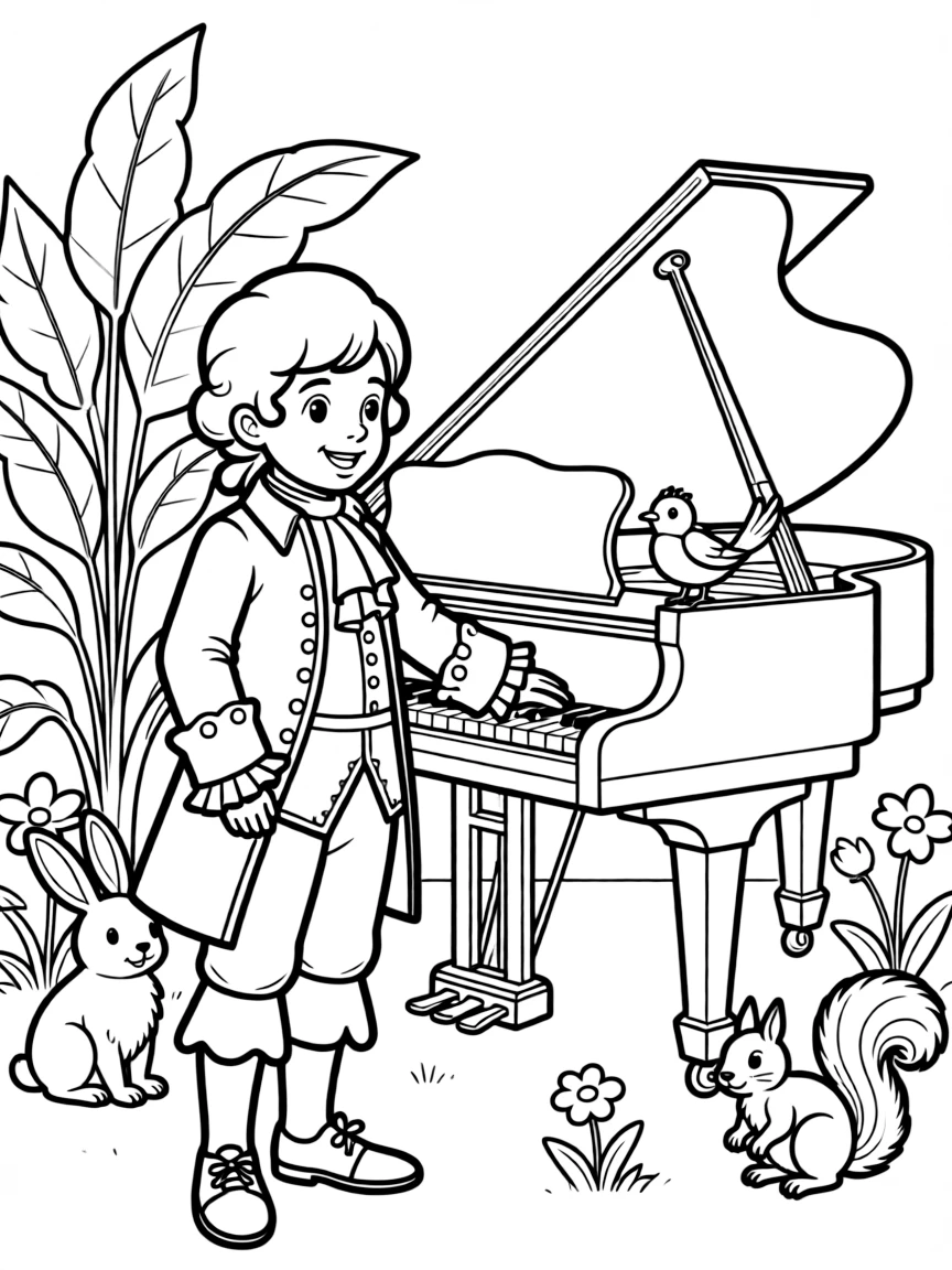 A playful scene showing Mozart in a historical outfit with animals, plants, or kids nearby.