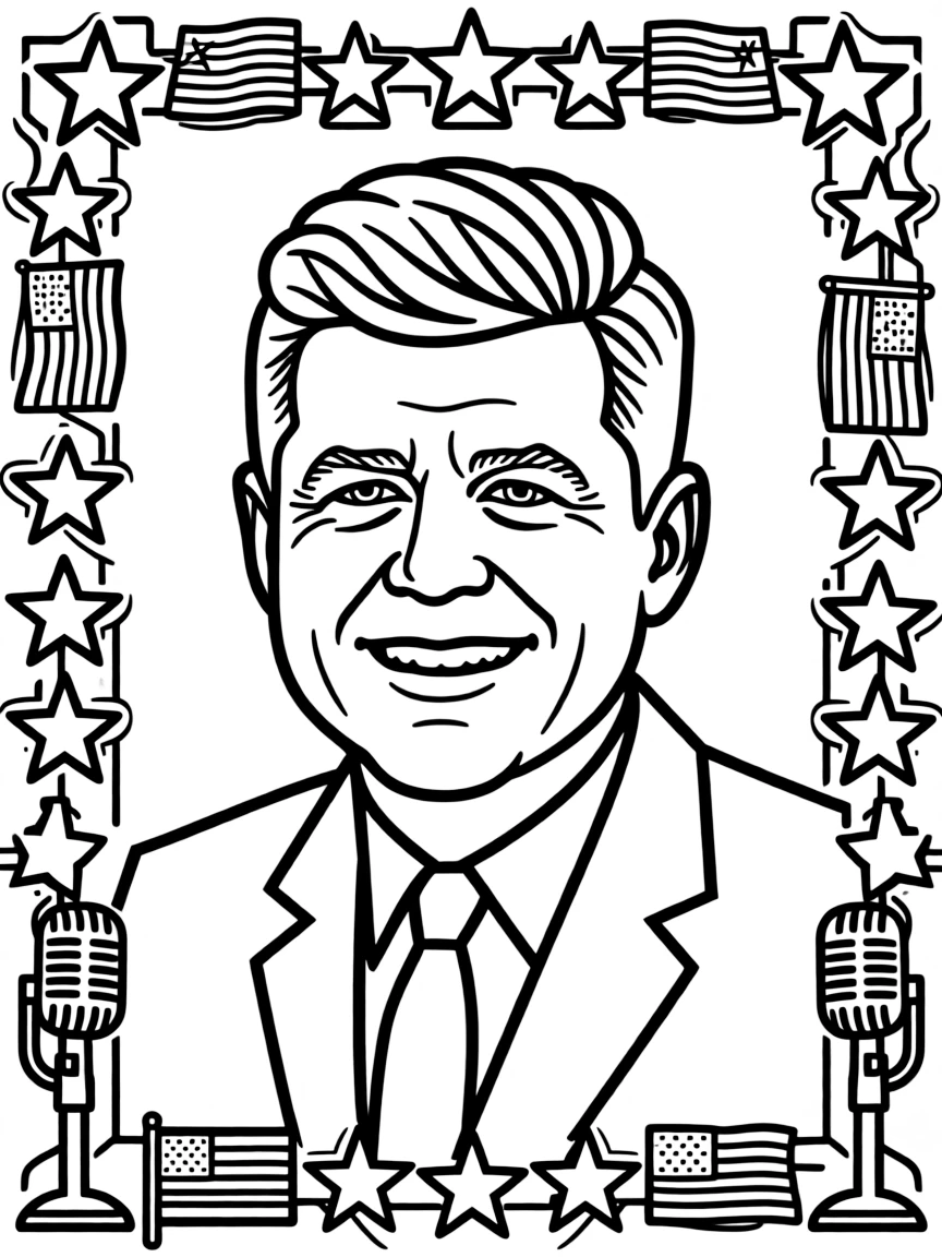 A portrait of John F. Kennedy with a big smile, framed with decorative borders and symbols of their time period.