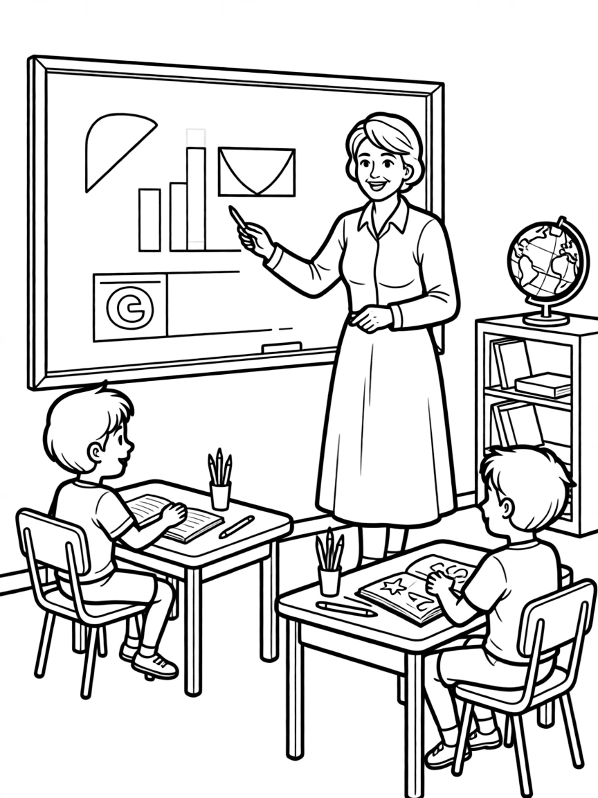 Helen Keller teaching children, with educational items like chalkboards and pencils, in a friendly classroom scene.