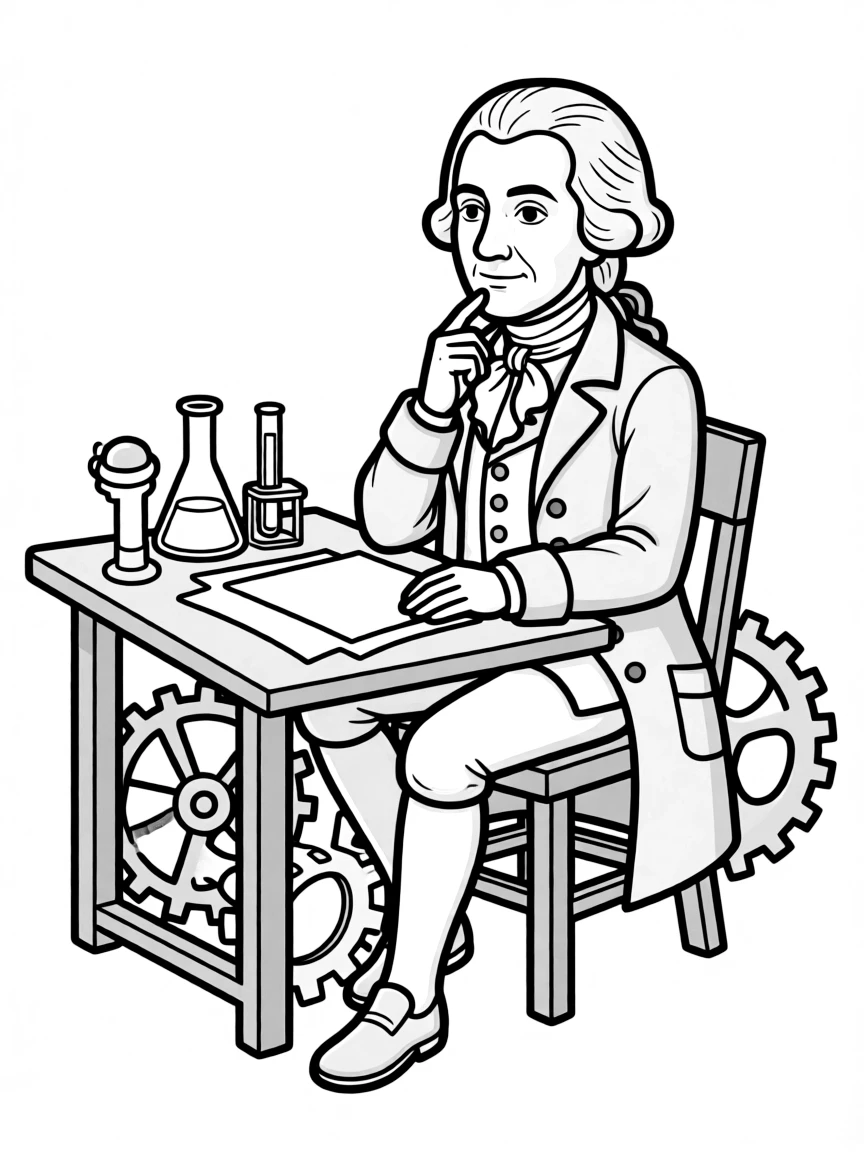 George Washington working on their famous invention or idea, with gears, papers, or lab equipment drawn simply.