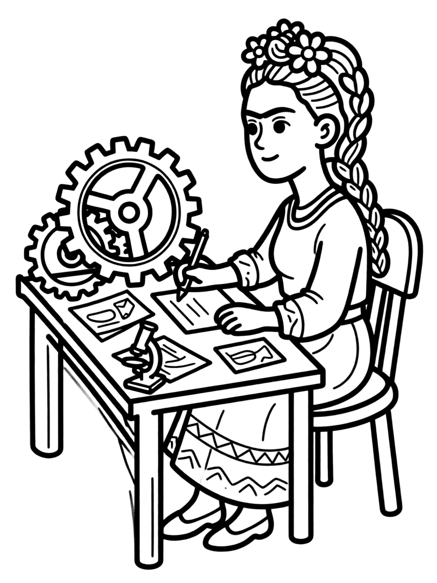 Frida Kahlo working on their famous invention or idea, with gears, papers, or lab equipment drawn simply.