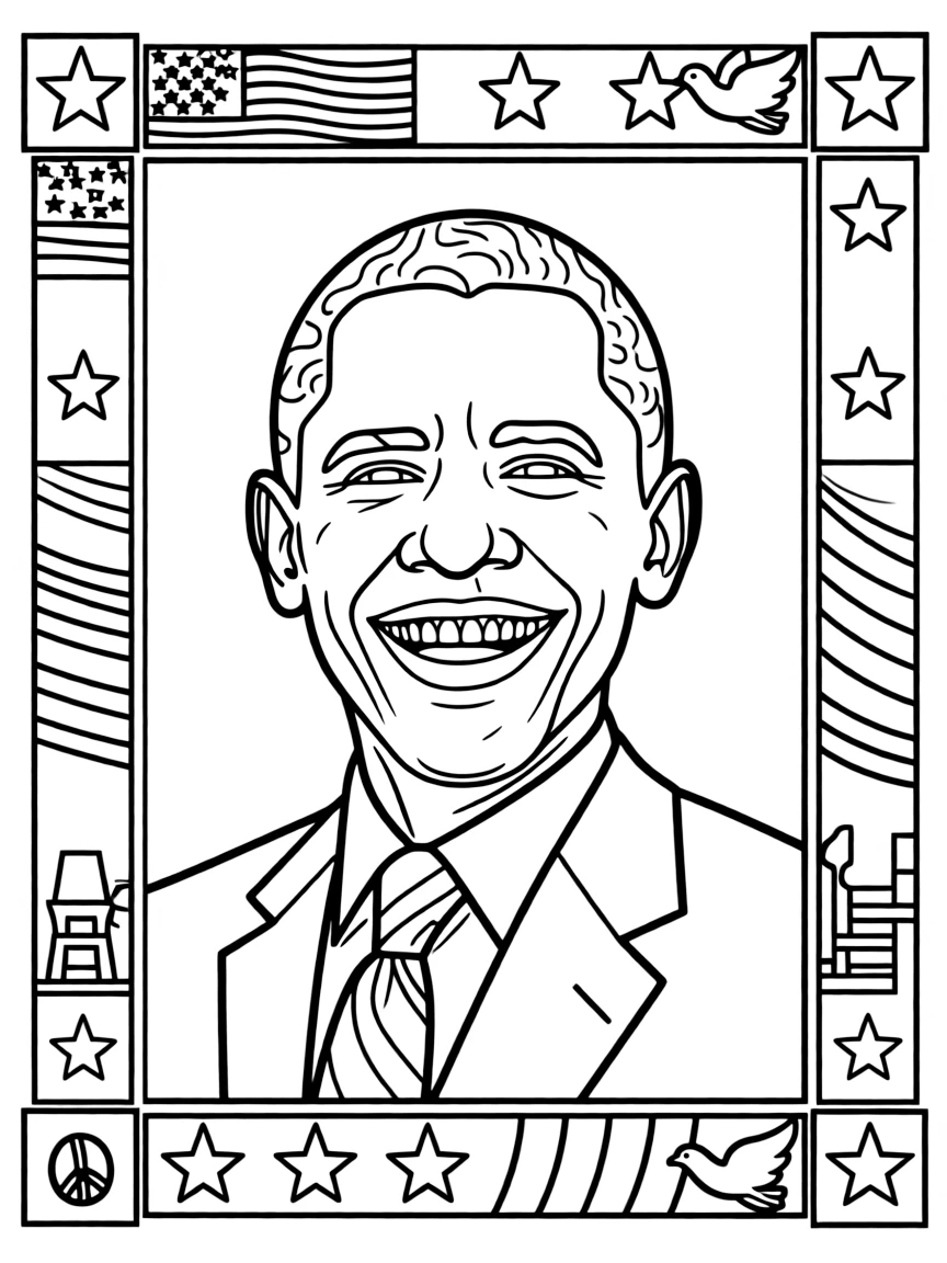 A portrait of Barack Obama with a big smile, framed with decorative borders and symbols of their time period.