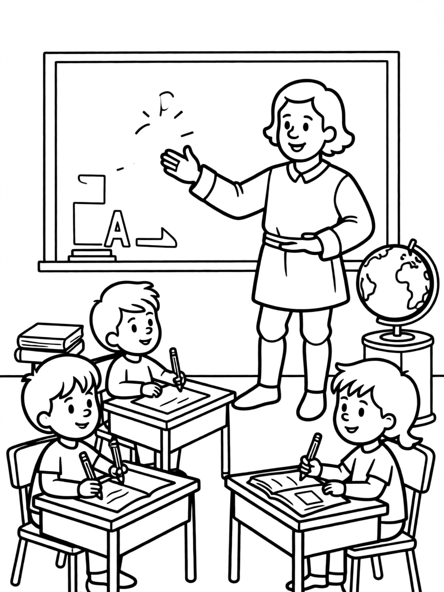 Christopher Columbus teaching children, with educational items like chalkboards and pencils, in a friendly classroom scene.