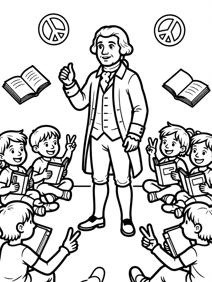 A fun coloring page of George Washington giving a speech to children with books and peace signs around.