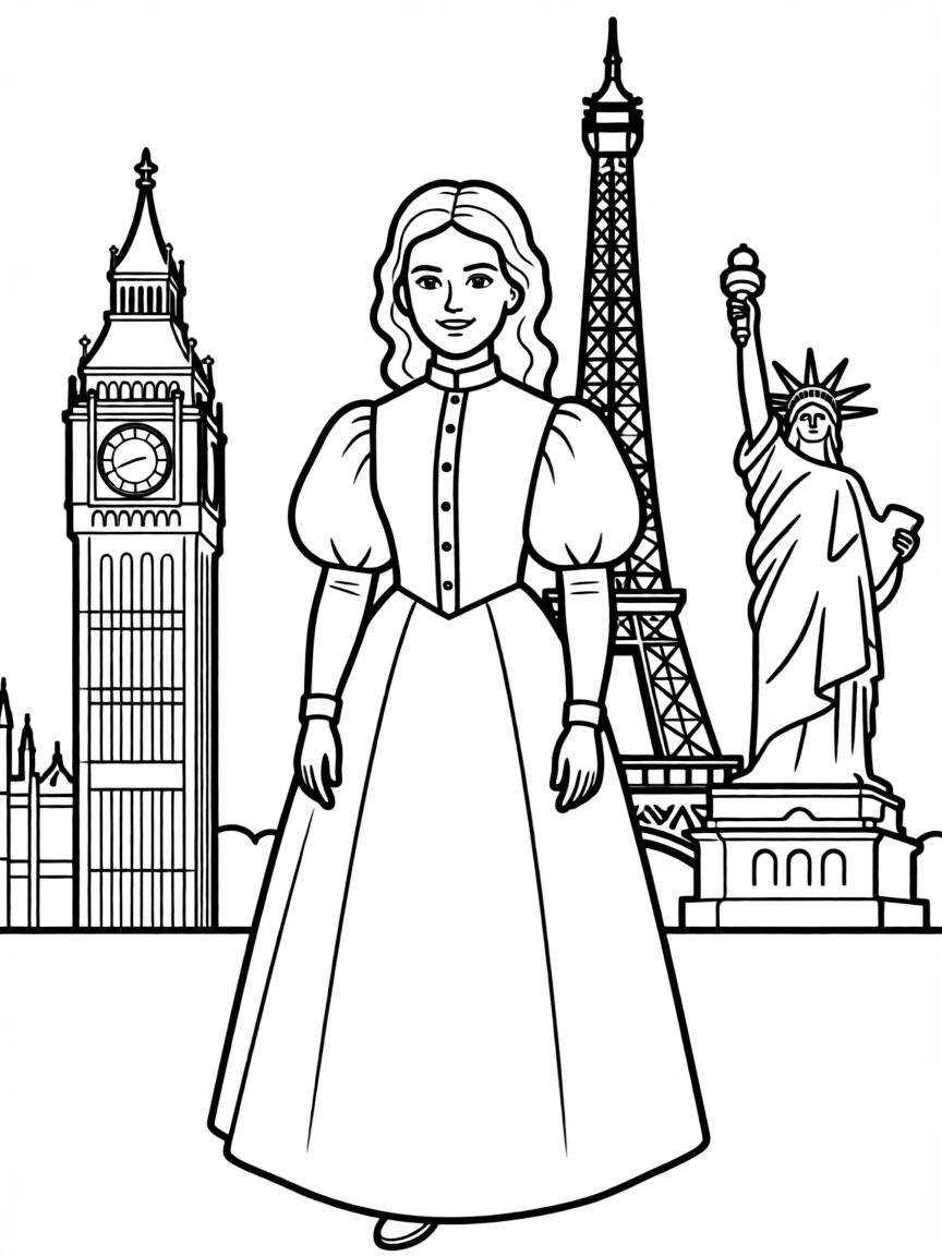Ada Lovelace standing proudly with historical landmarks in the background, drawn with clear bold lines for coloring.