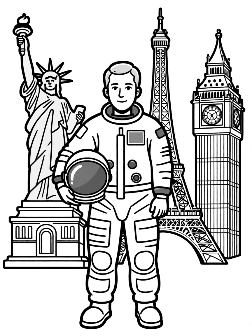 Neil Armstrong standing proudly with historical landmarks in the background, drawn with clear bold lines for coloring.