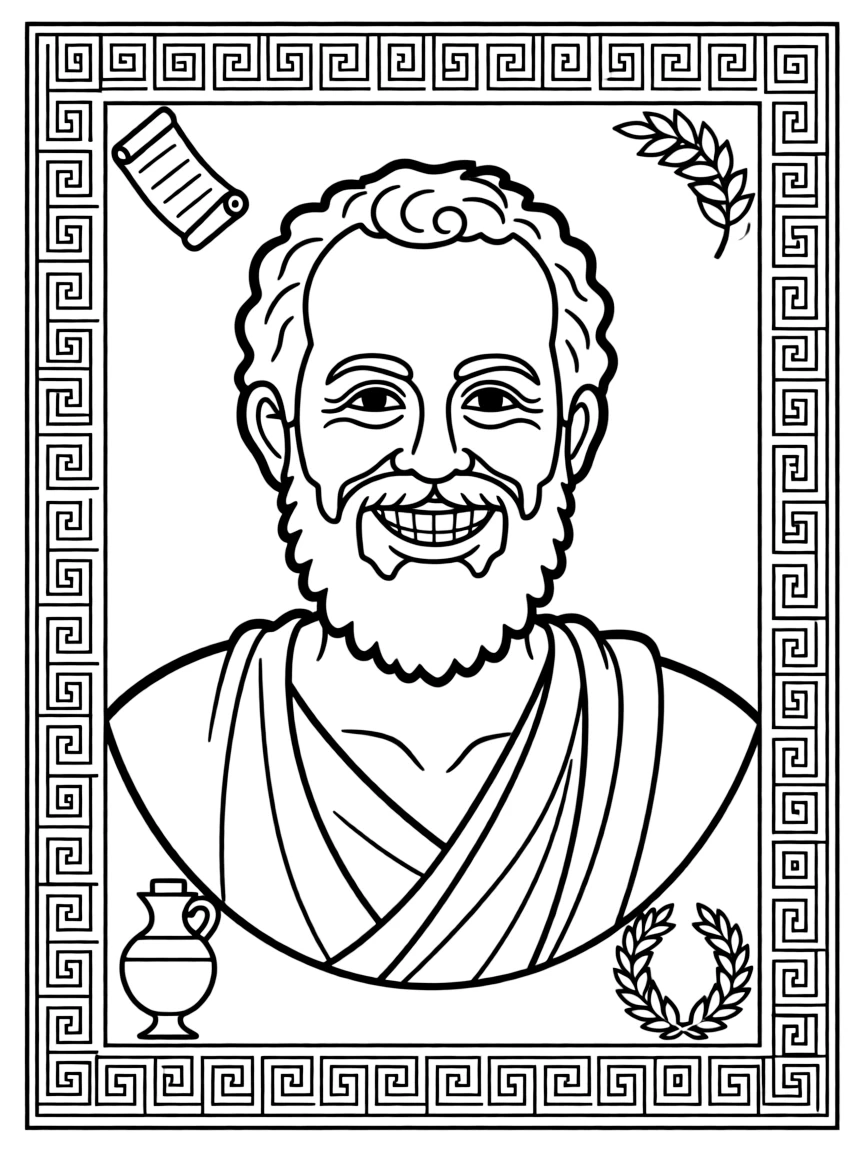 A portrait of Socrates with a big smile, framed with decorative borders and symbols of their time period.