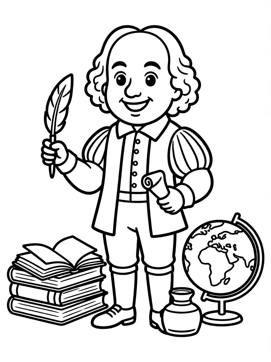 A cartoon-style drawing of William Shakespeare surrounded by symbols of their achievements, like books, tools, or globes.