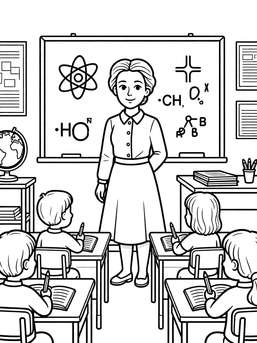Marie Curie teaching children, with educational items like chalkboards and pencils, in a friendly classroom scene.