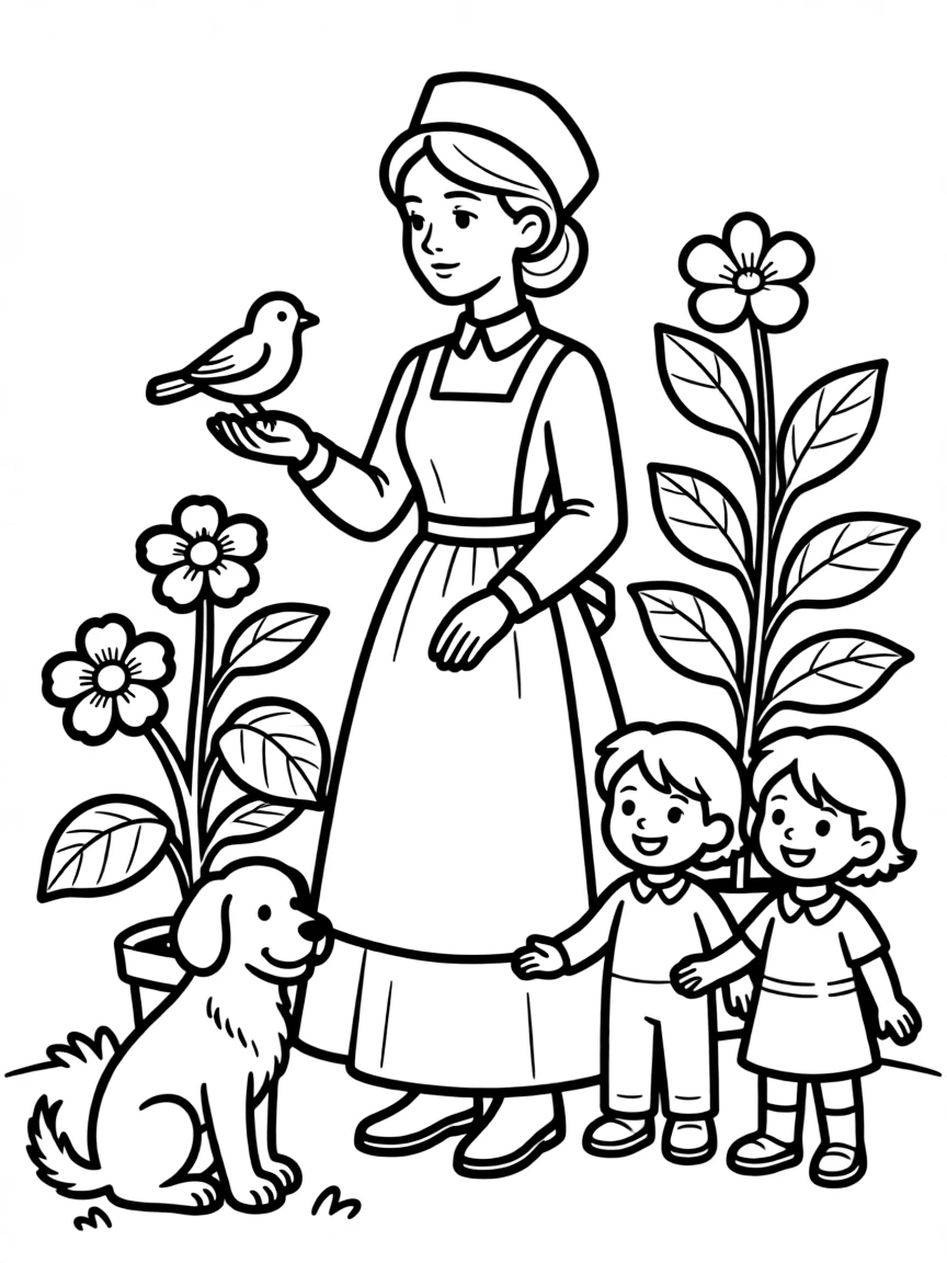 A playful scene showing Florence Nightingale in a historical outfit with animals, plants, or kids nearby.