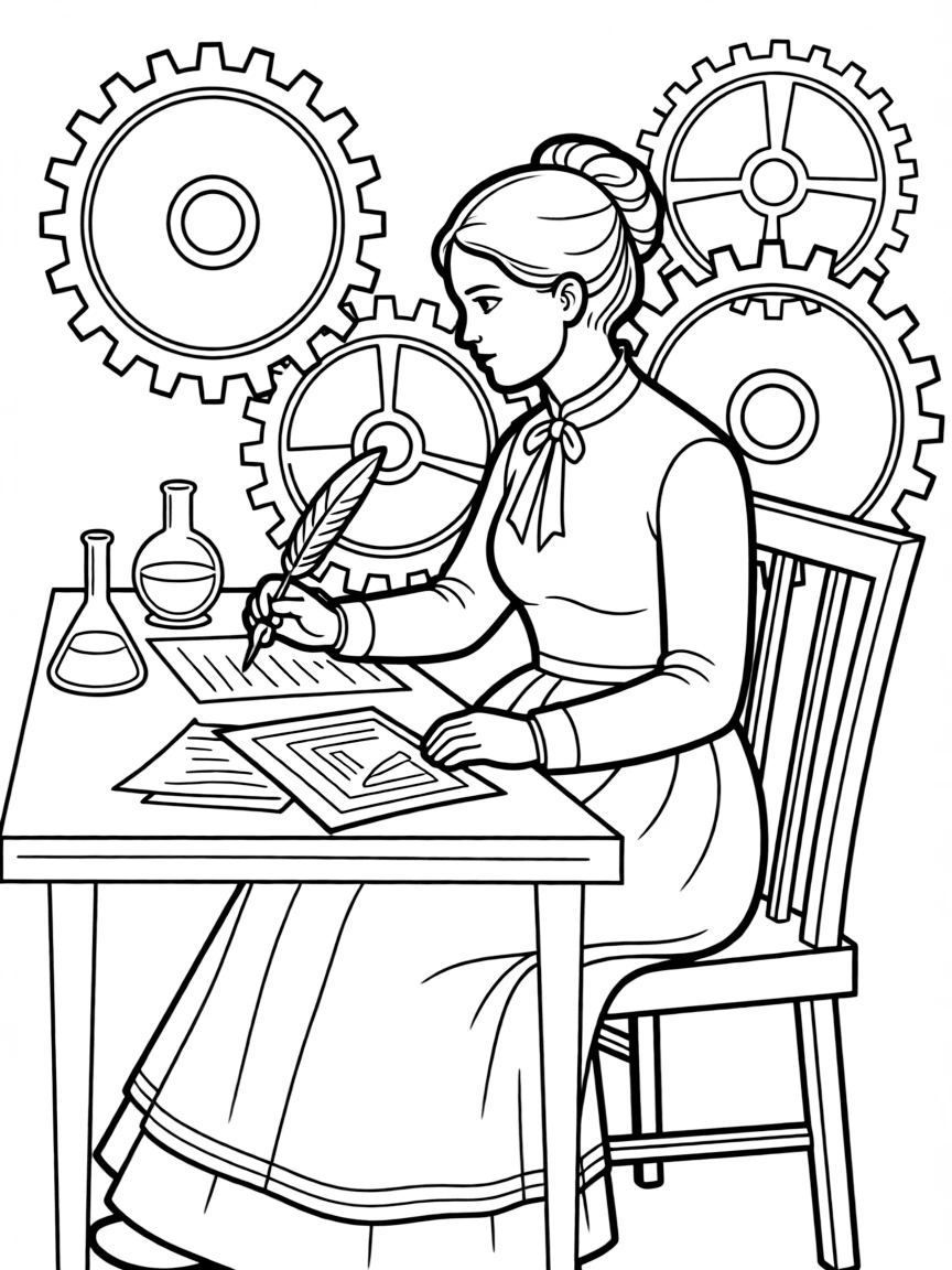 Ada Lovelace working on their famous invention or idea, with gears, papers, or lab equipment drawn simply.