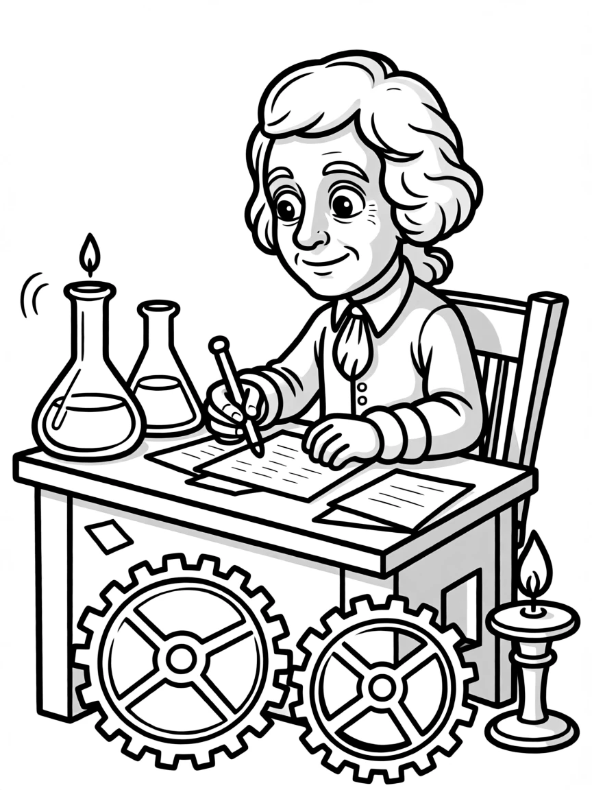 Benjamin Franklin working on their famous invention or idea, with gears, papers, or lab equipment drawn simply.