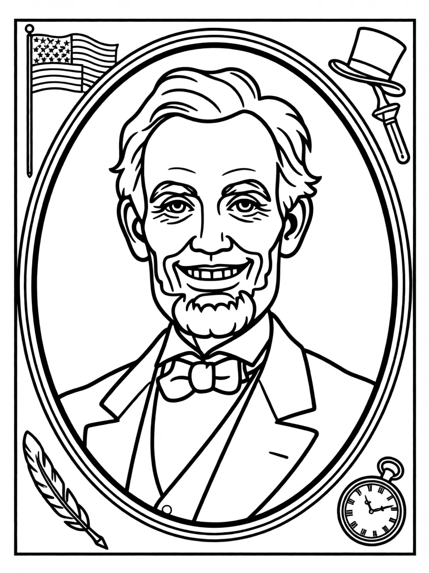 A portrait of Abraham Lincoln with a big smile, framed with decorative borders and symbols of their time period.