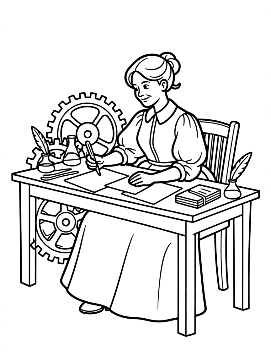 Ada Lovelace working on their famous invention or idea, with gears, papers, or lab equipment drawn simply.