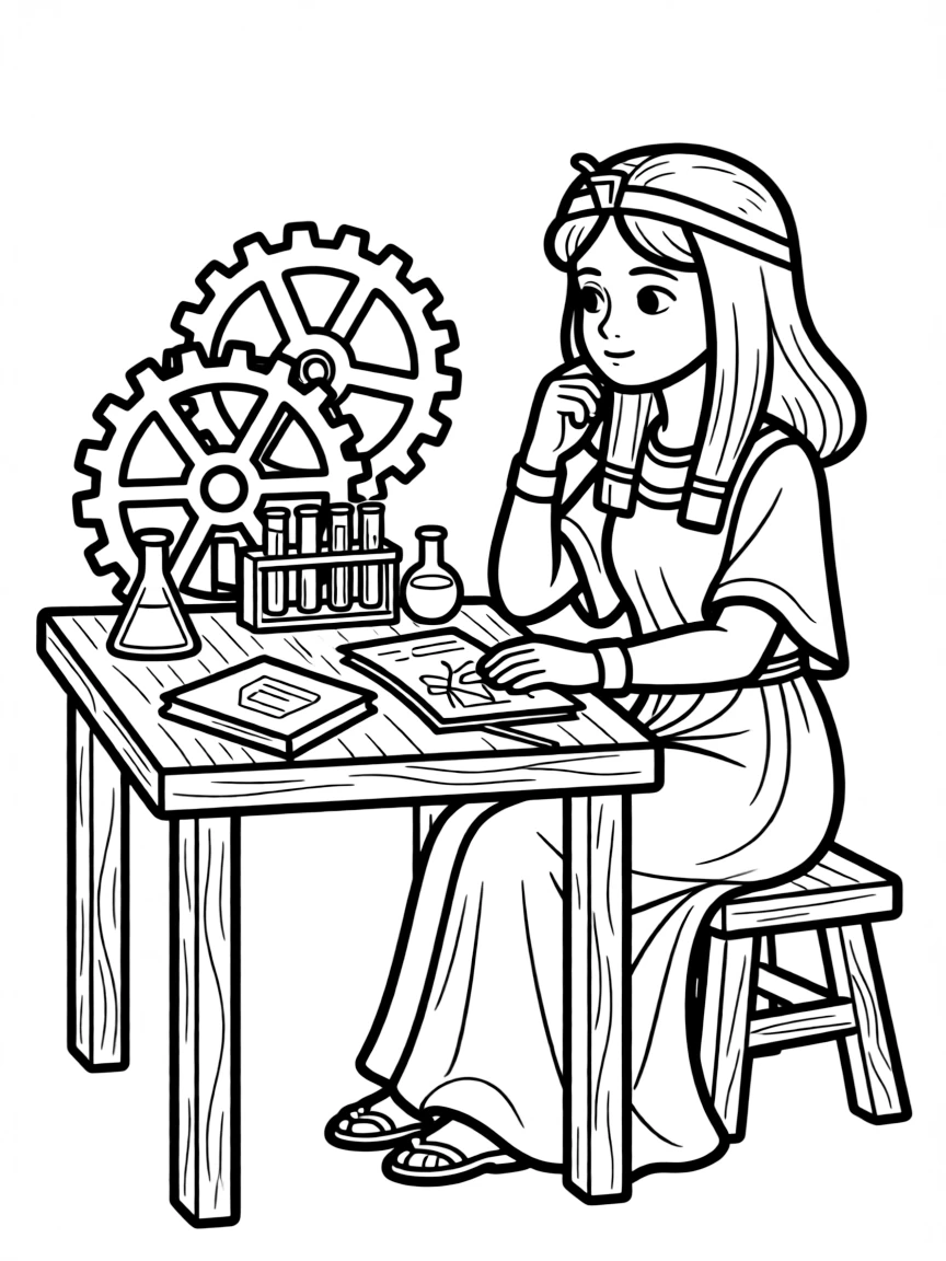 Cleopatra working on their famous invention or idea, with gears, papers, or lab equipment drawn simply.