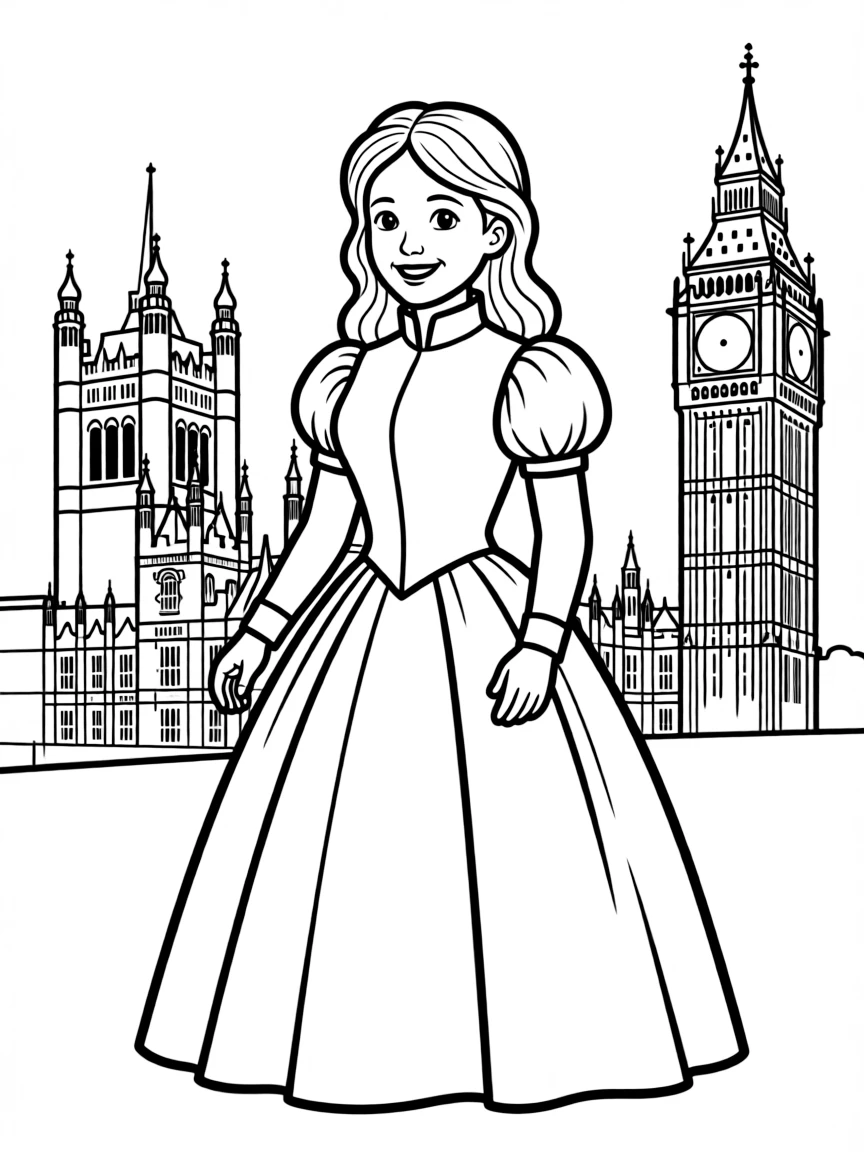 Ada Lovelace standing proudly with historical landmarks in the background, drawn with clear bold lines for coloring.