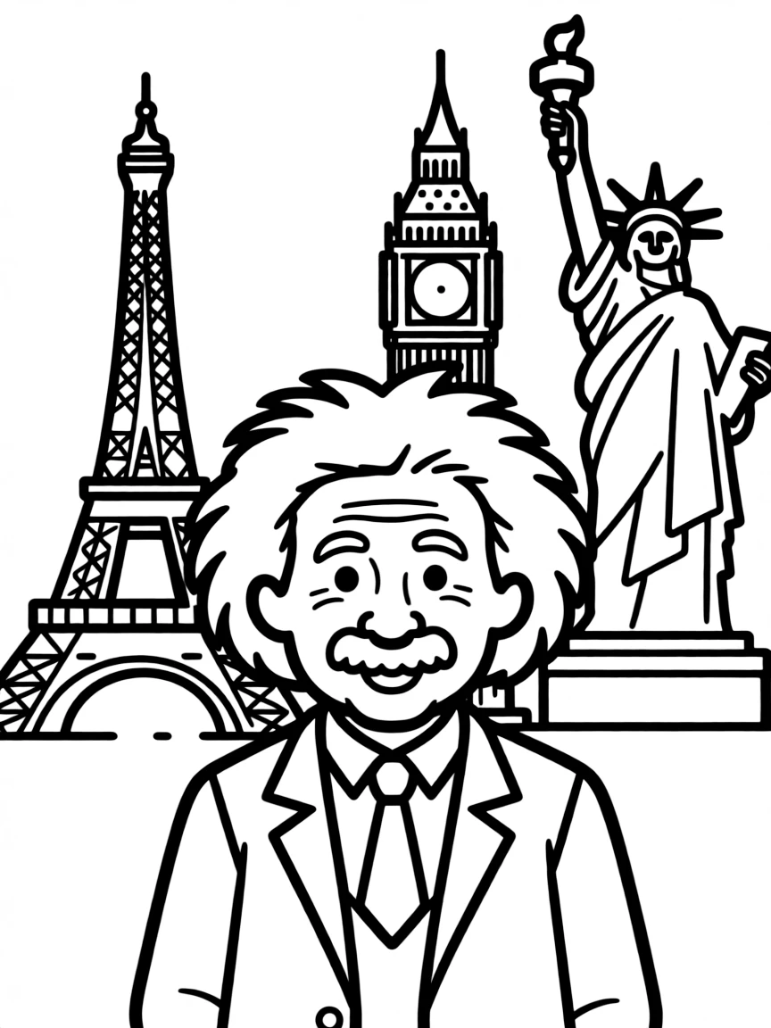 Albert Einstein standing proudly with historical landmarks in the background, drawn with clear bold lines for coloring.