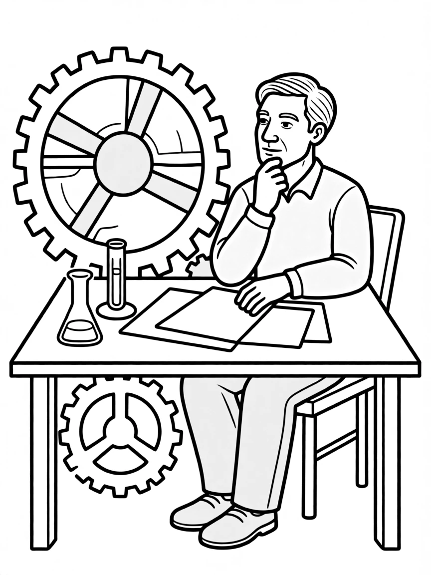 Pablo Picasso working on their famous invention or idea, with gears, papers, or lab equipment drawn simply.