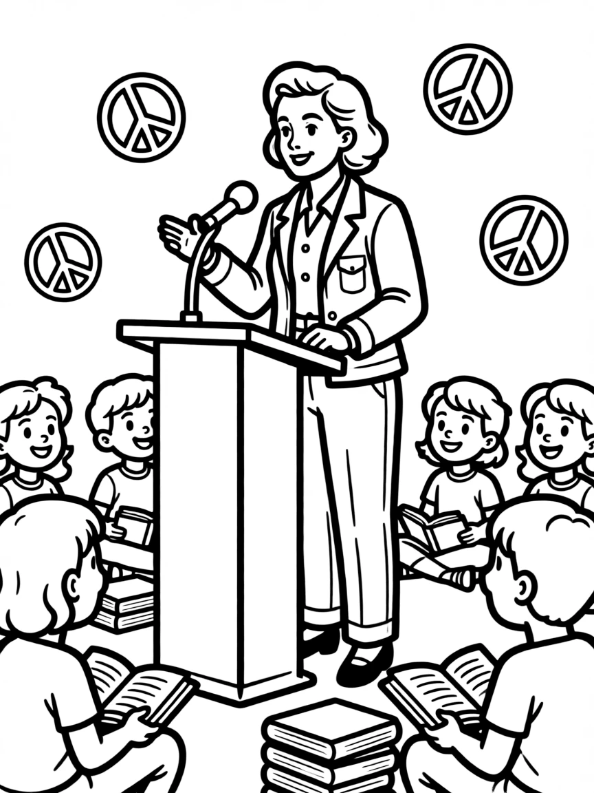 A fun coloring page of Amelia Earhart giving a speech to children with books and peace signs around.