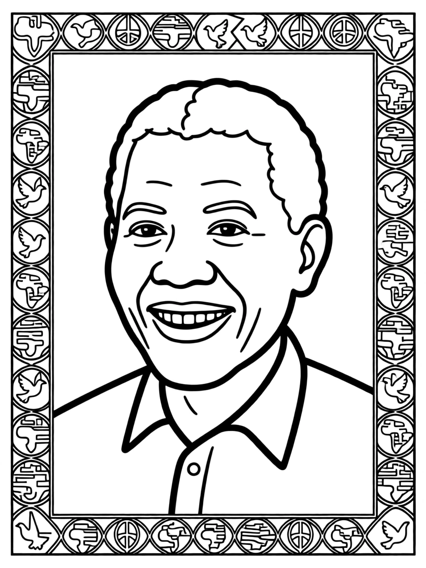 A portrait of Nelson Mandela with a big smile, framed with decorative borders and symbols of their time period.