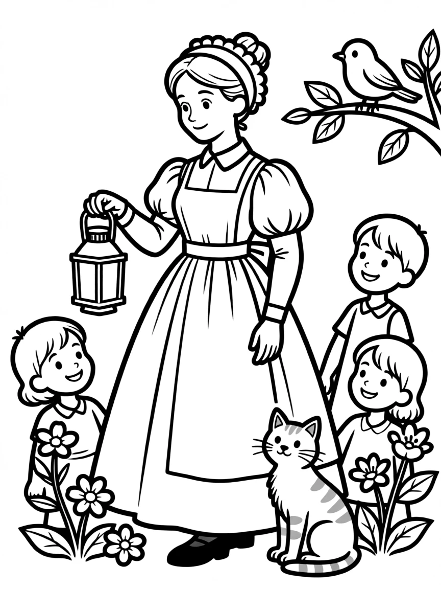 A playful scene showing Florence Nightingale in a historical outfit with animals, plants, or kids nearby.