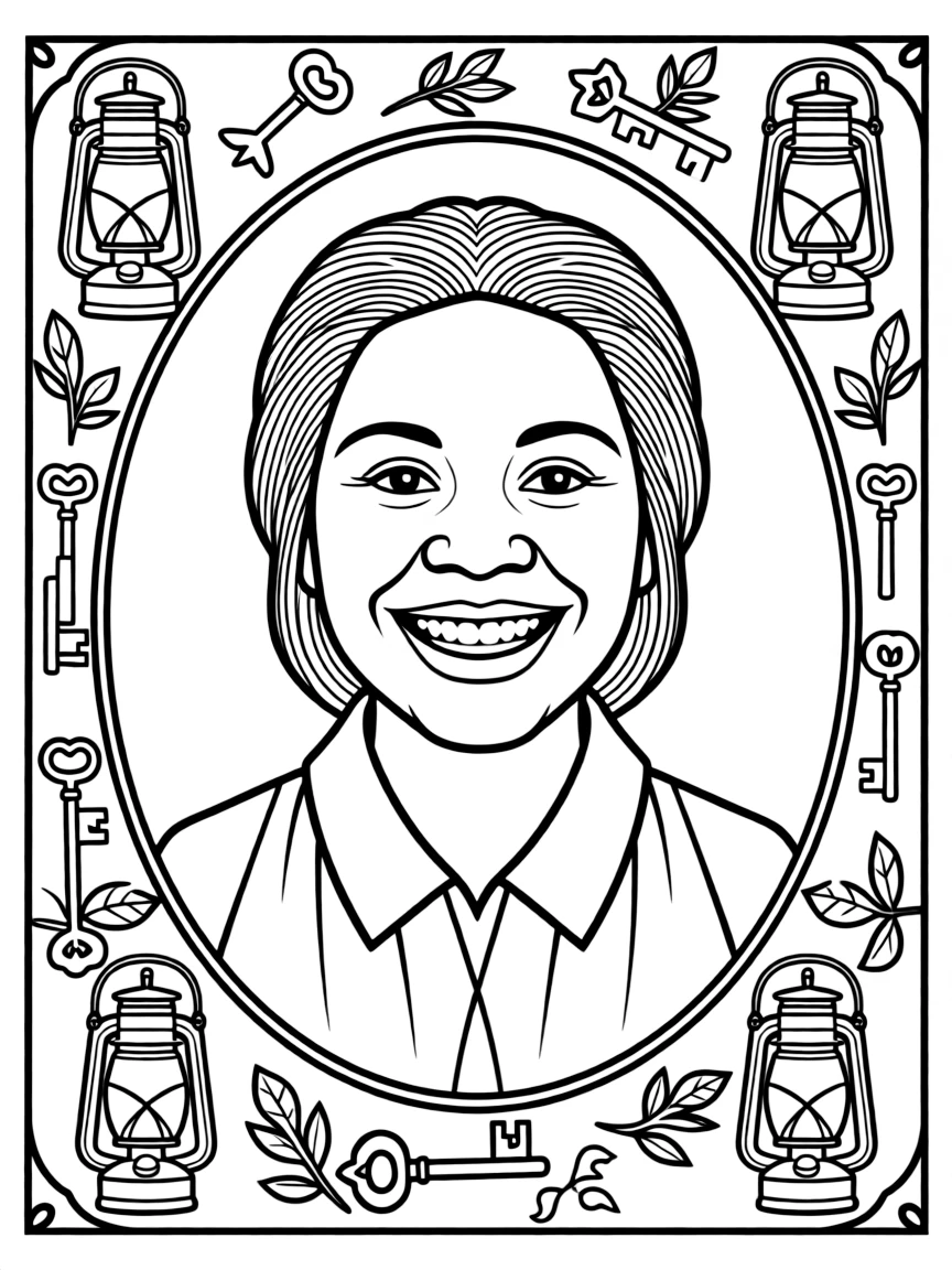 A portrait of Harriet Tubman with a big smile, framed with decorative borders and symbols of their time period.