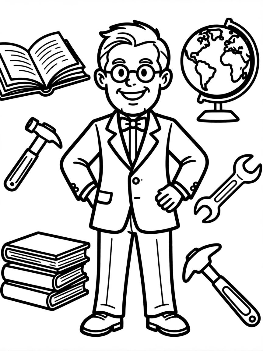 A cartoon-style drawing of Theodore Roosevelt surrounded by symbols of their achievements, like books, tools, or globes.