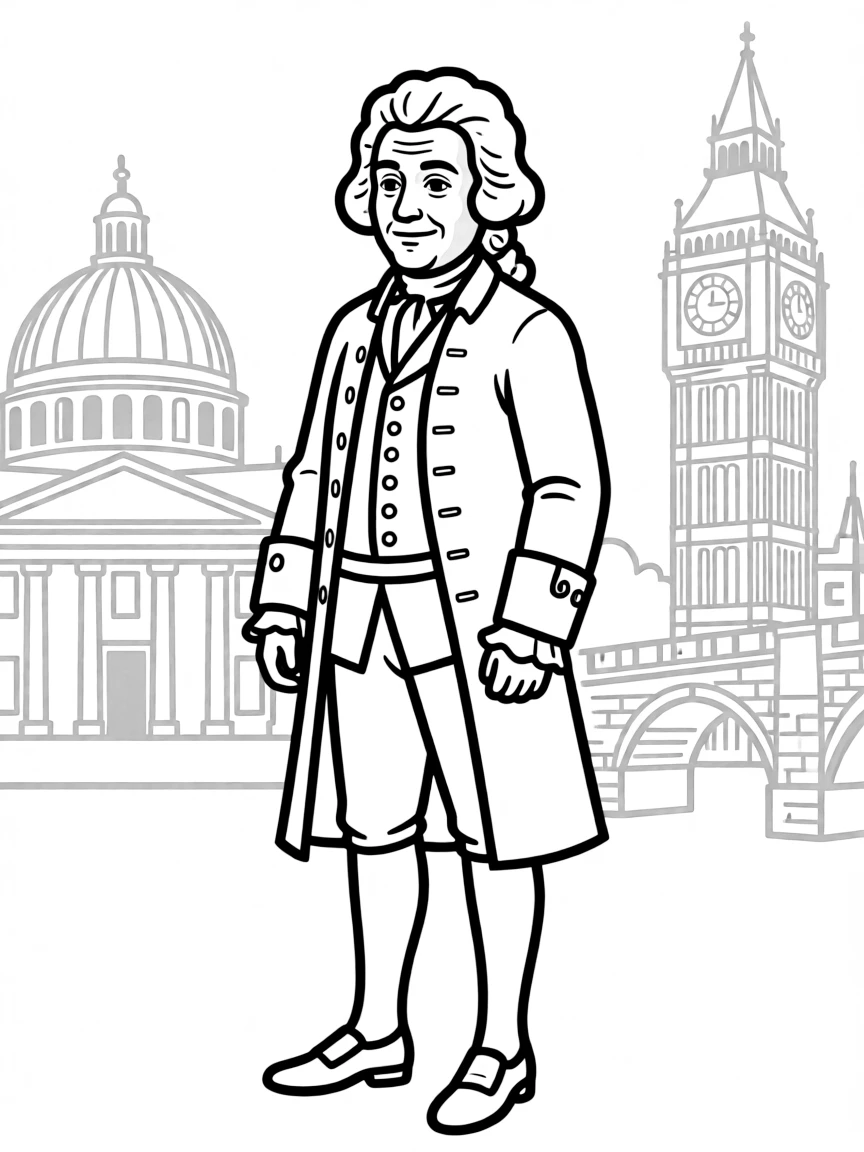 Isaac Newton standing proudly with historical landmarks in the background, drawn with clear bold lines for coloring.