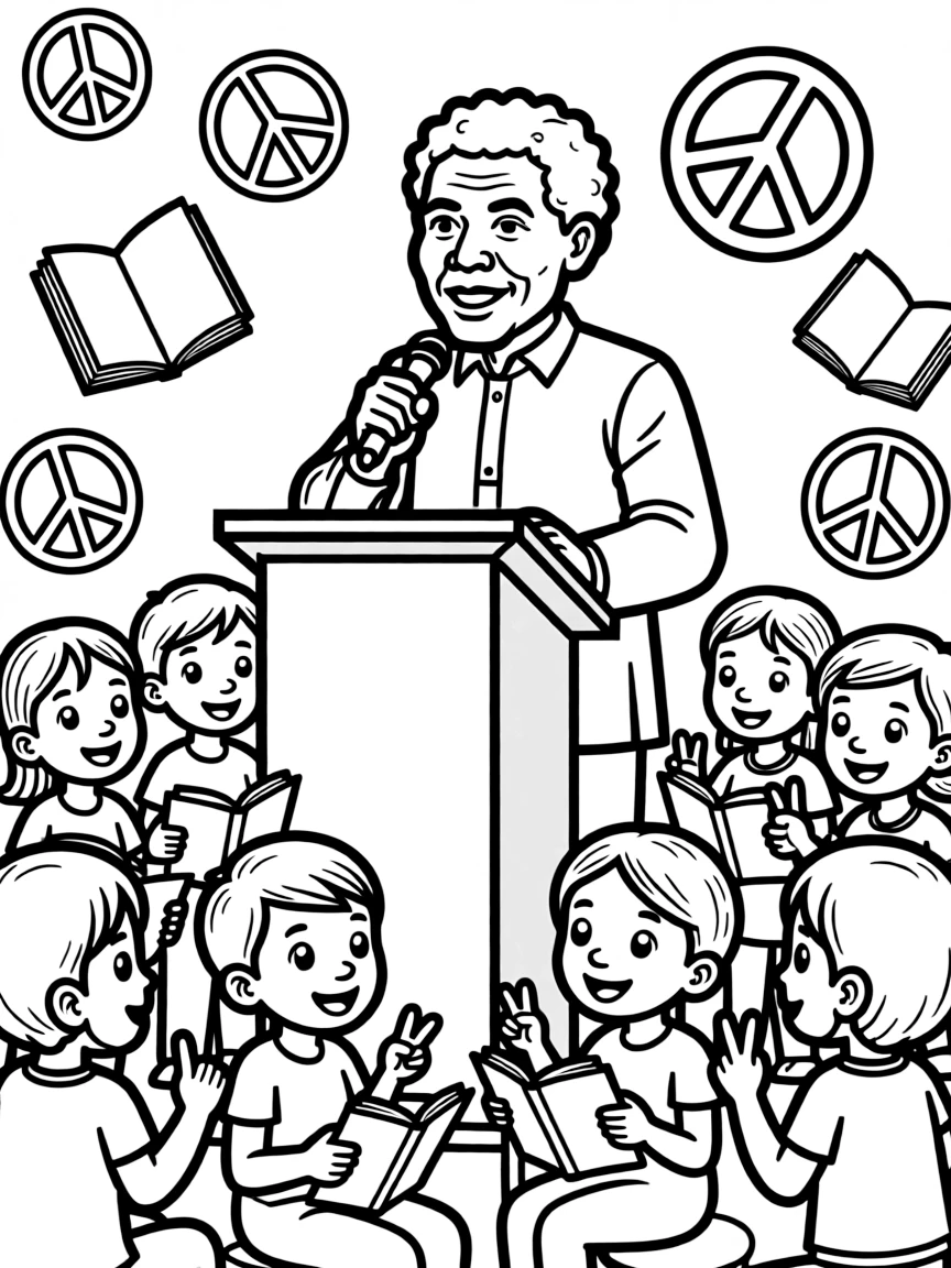 A fun coloring page of Nelson Mandela giving a speech to children with books and peace signs around.